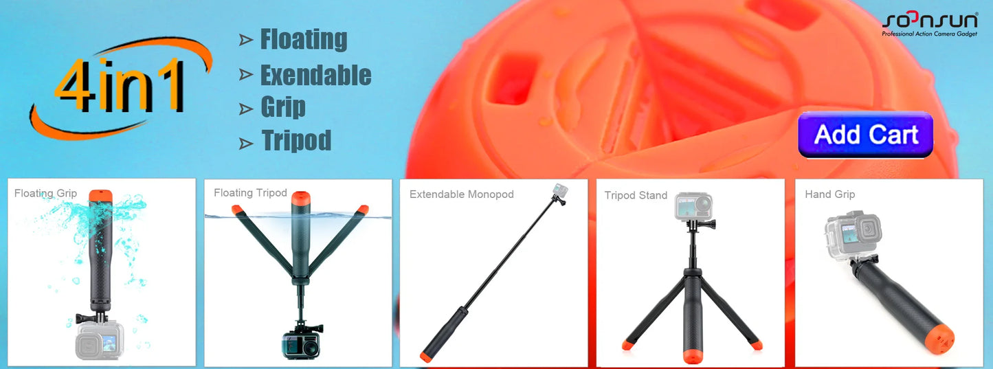 SOONSUN Aluminium Waterproof Selfie Stick Underwater Pole Handle Grip Monopod for GoPro Insta360 AKASO DJI OSMO Action Cameras