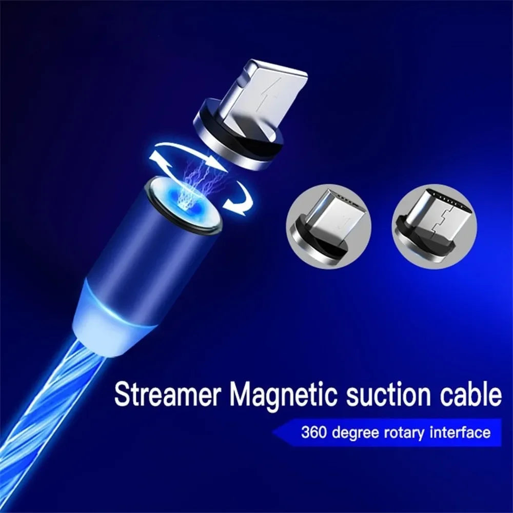3 In1 Magnetic Current Luminous Lighting Charging Mobile Phone Cable Cle Usb C Cable LED Micro USB Type C for Iphone Huawei P50