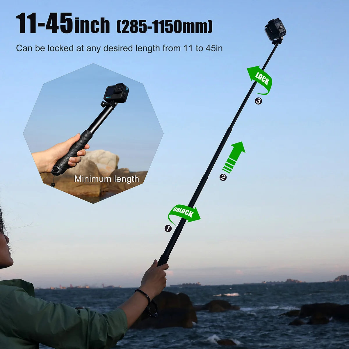 SOONSUN Aluminium Waterproof Selfie Stick Underwater Pole Handle Grip Monopod for GoPro Insta360 AKASO DJI OSMO Action Cameras