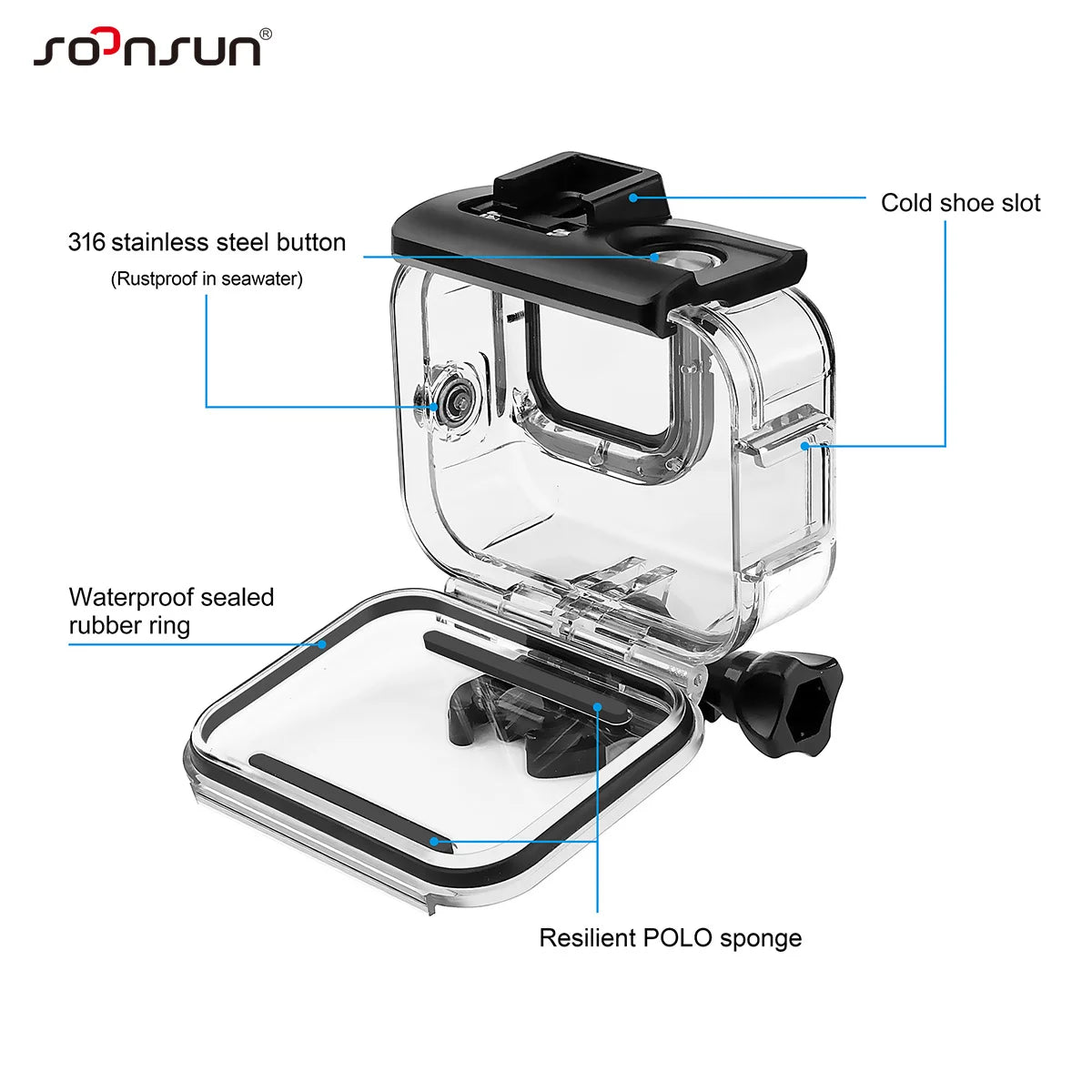SOONSUN 60M Waterproof Housing Case for GoPro Hero 8 Black 2-Cold Shoe Slots Protective Underwater Diving Go Pro 8 Housing Shell
