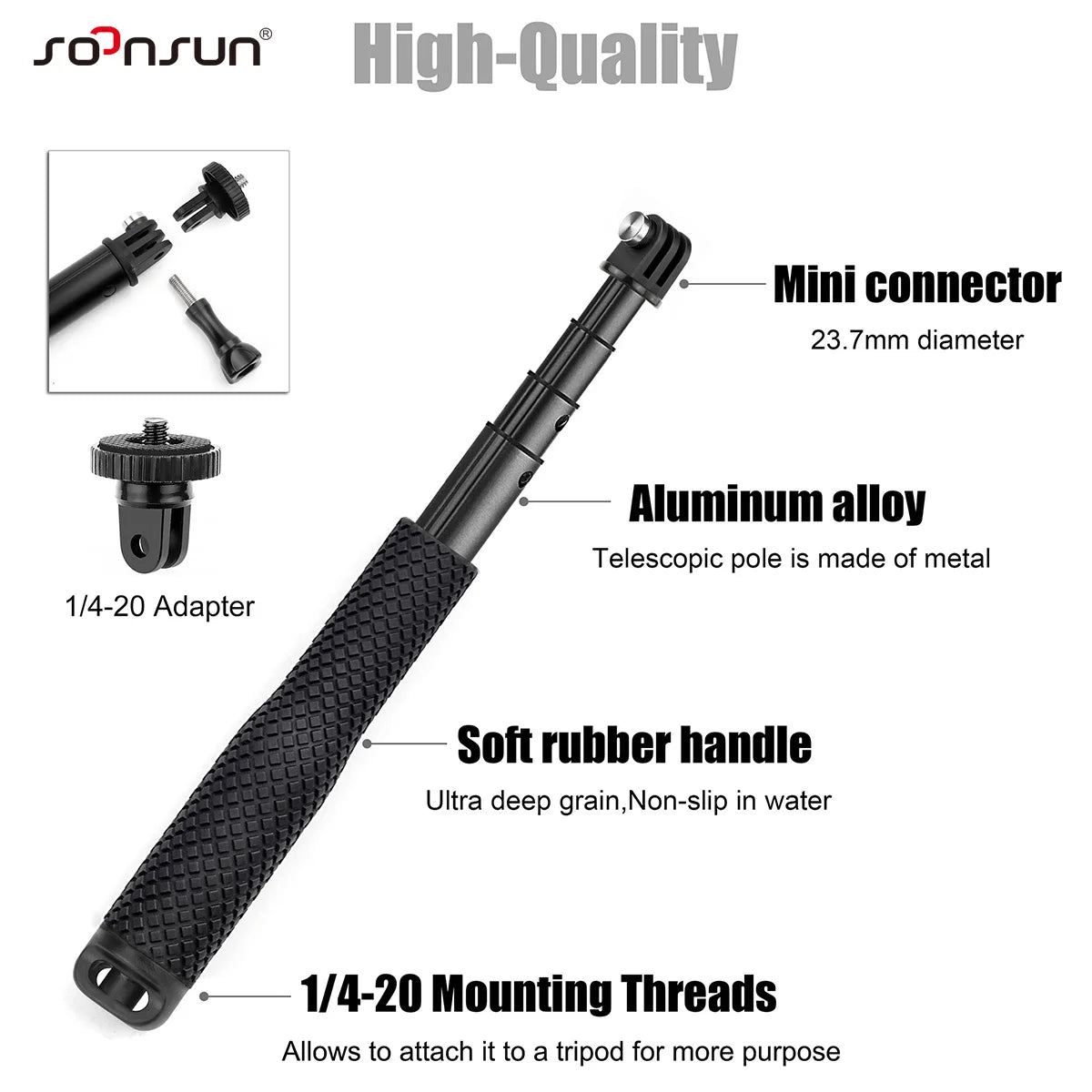 SOONSUN Aluminium Waterproof Selfie Stick Underwater Pole Handle Grip Monopod for GoPro Insta360 AKASO DJI OSMO Action Cameras