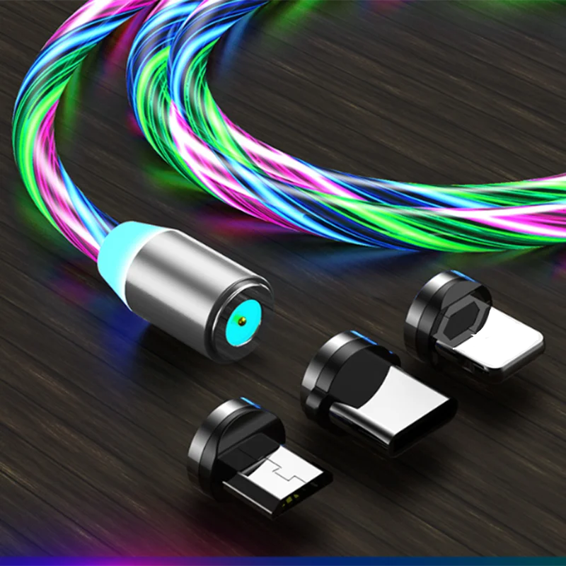 3 In1 Magnetic Current Luminous Lighting Charging Mobile Phone Cable Cle Usb C Cable LED Micro USB Type C for Iphone Huawei P50