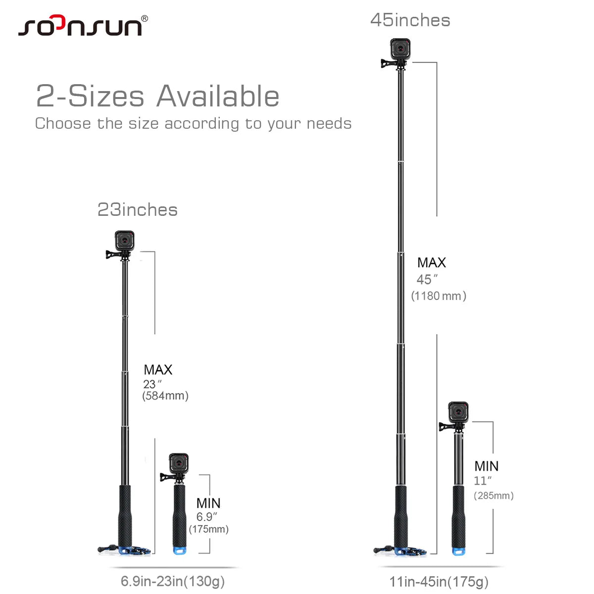 SOONSUN Aluminium Waterproof Selfie Stick Underwater Pole Handle Grip Monopod for GoPro Insta360 AKASO DJI OSMO Action Cameras
