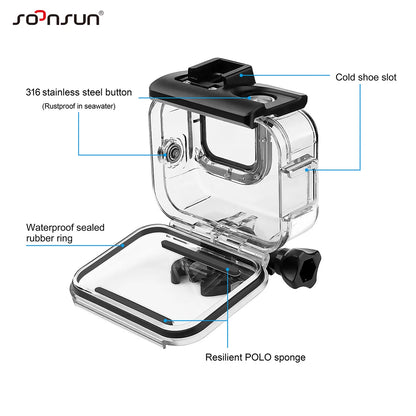 SOONSUN 60M Waterproof Housing Case for GoPro Hero 8 Black 2-Cold Shoe Slots Protective Underwater Diving Go Pro 8 Housing Shell